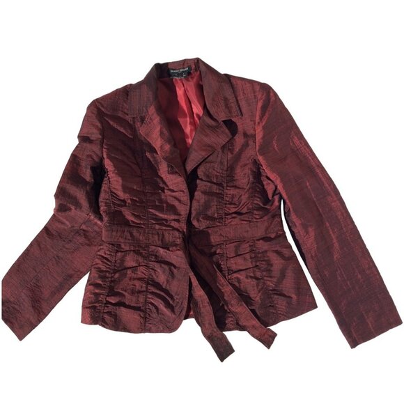 Mario Serrani Tie-Waist Metallic Wine Red Ruched Blazer Jacket - Size 10 - Picture 1 of 11